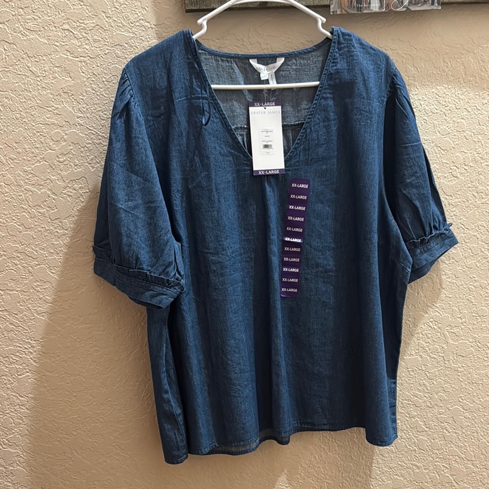 Draper James Blue Cuffed Sleeve Boxy Blouse